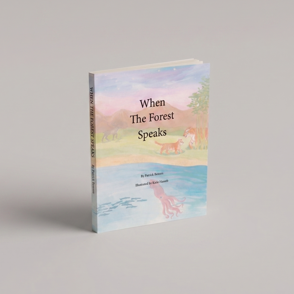 Book titled 'When The Forest Speaks' on a gray background